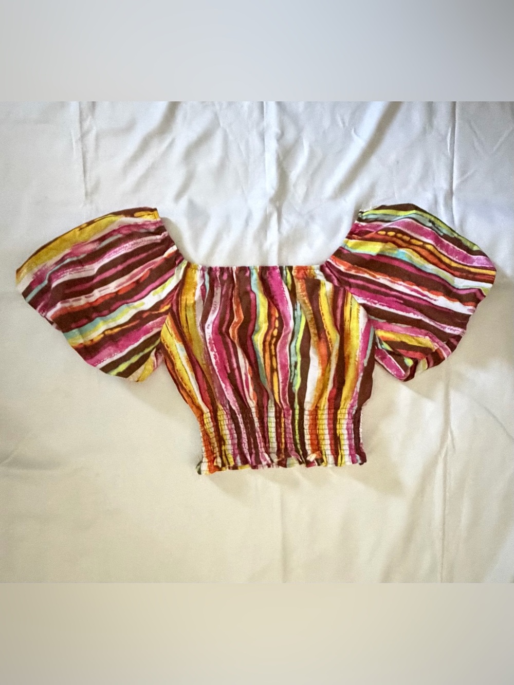 Striped Multi-Color Off-Shoulder Crop Top with Puff Sleeves